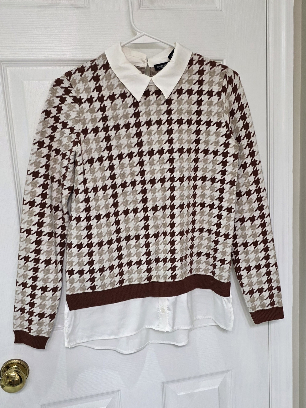Jones New York Brown and Cream Houndstooth Layered Sweater
